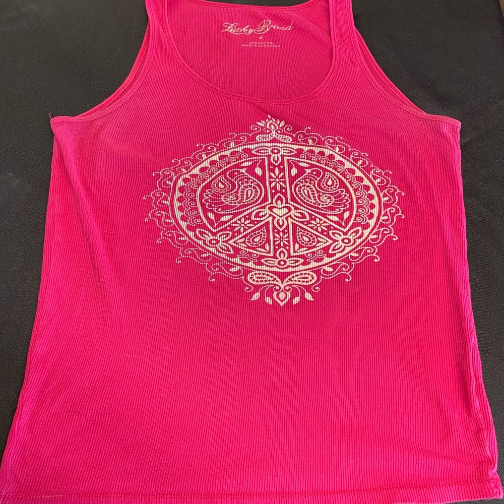 Lucky Brand Hot Pink Ribbed Tank with white Peace Sign